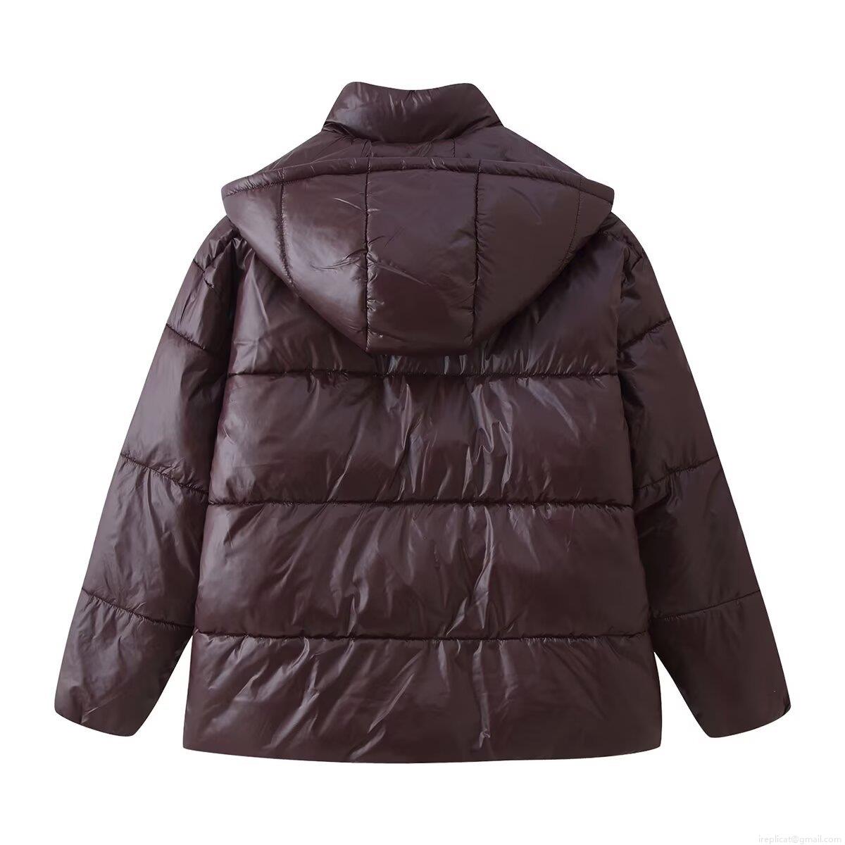 Women's Shiny Puffer Coat Winter Warm Quilted Hooded Jacket Loose Fit Dark Brown Padded Parka Outwear For Daily Casual Wear Windproof Thick Coat