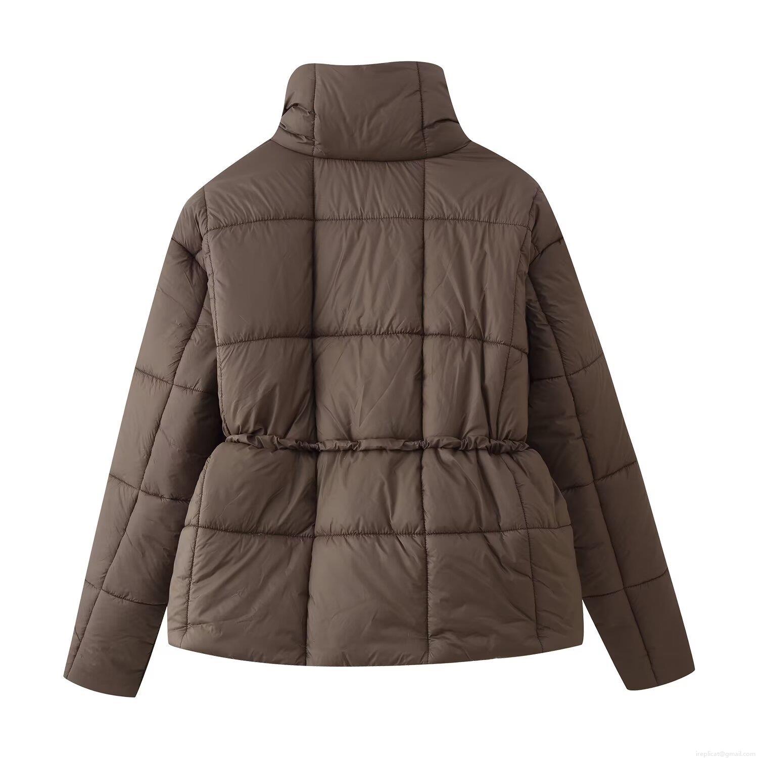 Women's Short Quilted Puffer Jacket With Stand Collar And Drawstring Waist Warm Winter Casual Padded Coat For Women