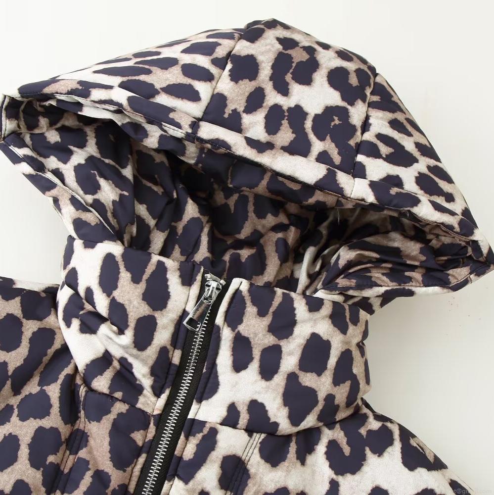 Women's Winter Leopard Print Hooded Puffer Jacket Casual Thick Warm Polyester Padded Coat With Zipper Pockets Outerwear For Daily Wear