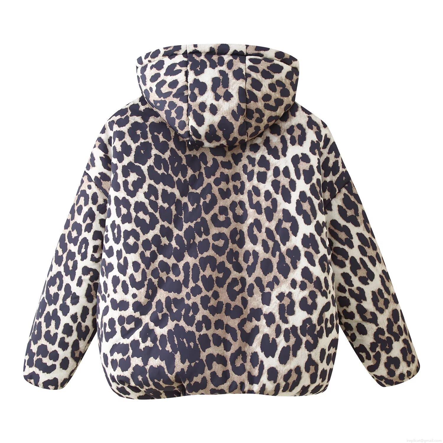 Women's Winter Leopard Print Hooded Puffer Jacket Casual Thick Warm Polyester Padded Coat With Zipper Pockets Outerwear For Daily Wear