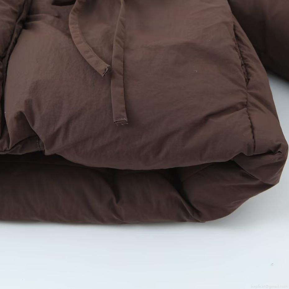 Women Short Padded Jacket Winter Warm Stand Collar Puffer Coat With Waist Tie Casual Solid Coffee Brown Long Sleeve Windproof Outerwear Jacket