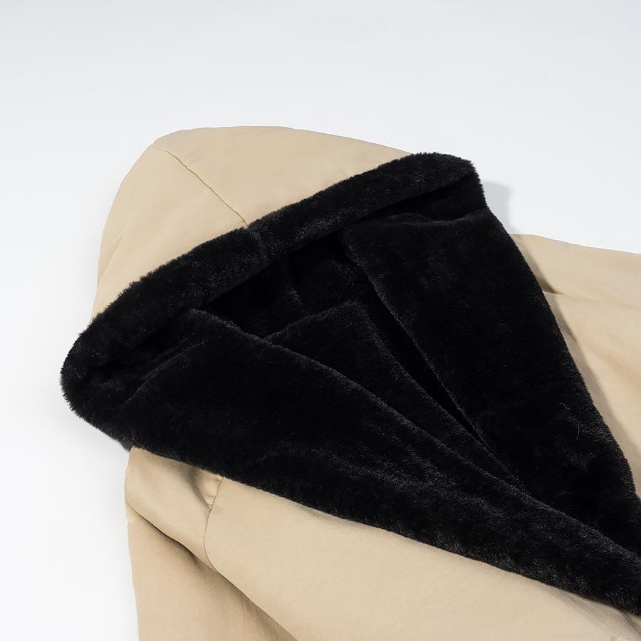 Women's Fashion Long Hooded Cotton-Padded Coat Spandex Fabric With Black Faux Fur Lining Belted Tie Waist Loose Fit Warm Winter Outerwear Casual Trench Style Jacket