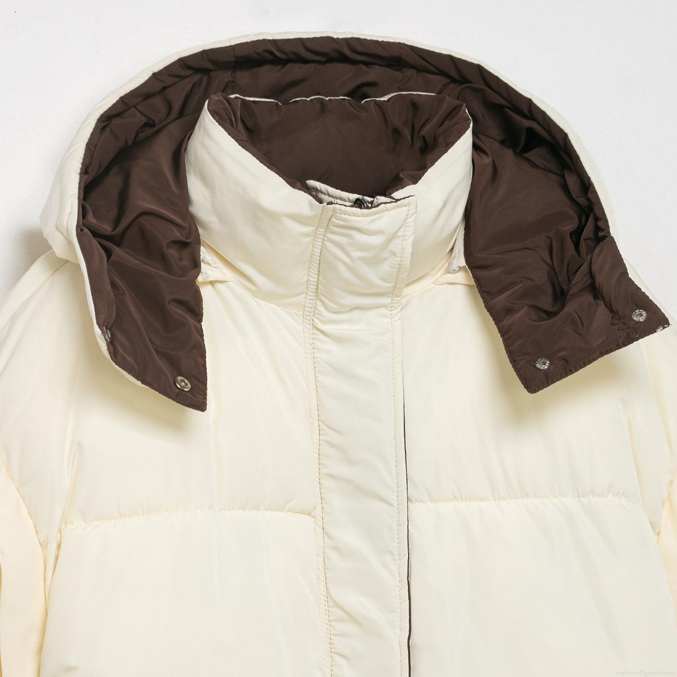 Women's Winter Contrast Hooded Puffer Jacket 100% Polyester Padded Coat Loose Fit Casual Warm Outerwear Windproof Zipper Button Closure For Ladies