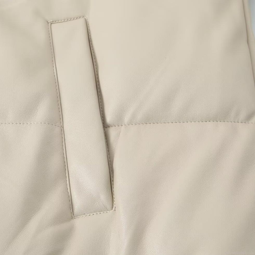 Women's PU Leather Quilted Puffer Jacket Minimalist Loose Stand Collar Cotton Padded Coat Winter Warm Outerwear Casual Streetwear