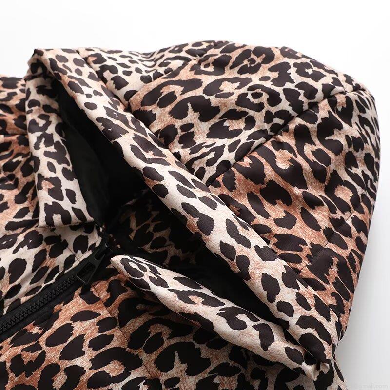 Women's Leopard Print Hooded Padded Coat Long Oversized Winter Warm Jacket With Zipper Closure Casual Fashion Outerwear For Ladies