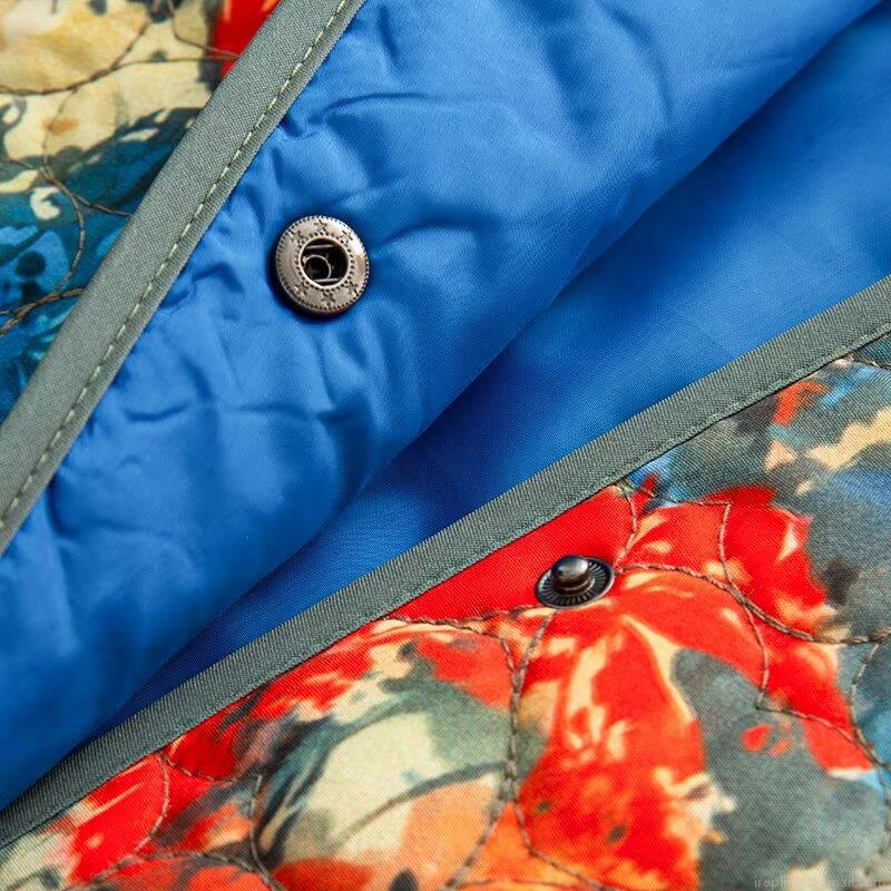 Women's Fashion Floral Print Quilted Jacket Stand Collar Casual Cotton Padded Coat With Metal Snap Buttons And Large Pockets 100% Polyester Outwear For Winter