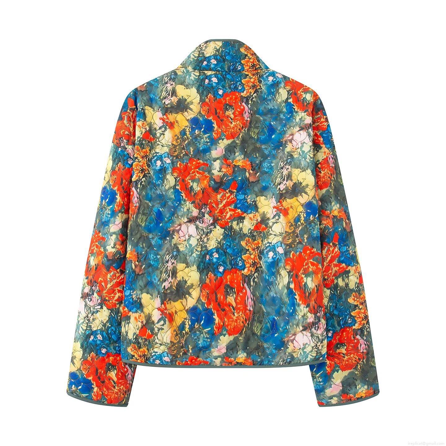 Women's Fashion Floral Print Quilted Jacket Stand Collar Casual Cotton Padded Coat With Metal Snap Buttons And Large Pockets 100% Polyester Outwear For Winter