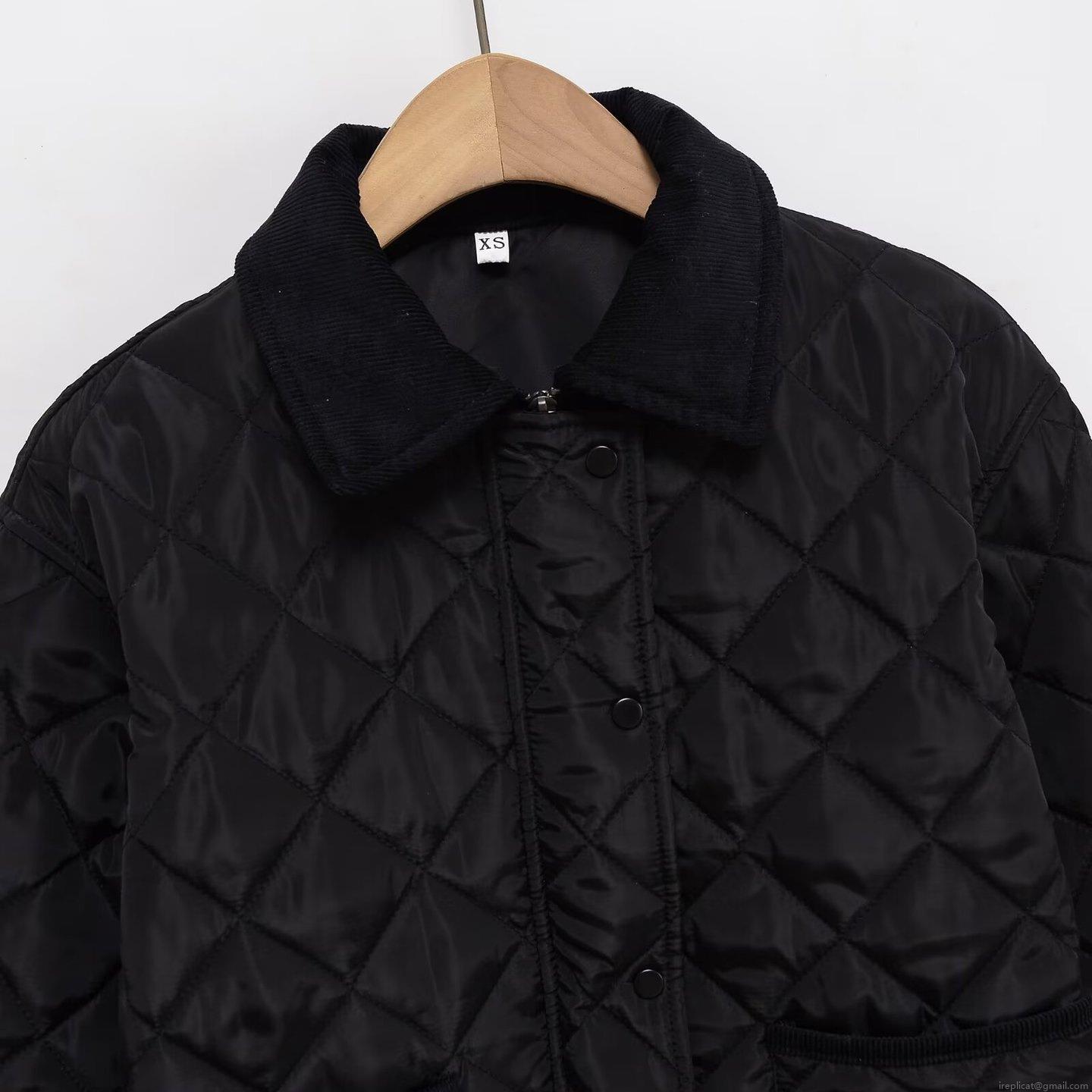 Women's Casual Quilted Cotton Padded Jacket With Corduroy Collar Black Rhombus Pattern Loose Fit Warm Button Down Coat Outerwear For Women