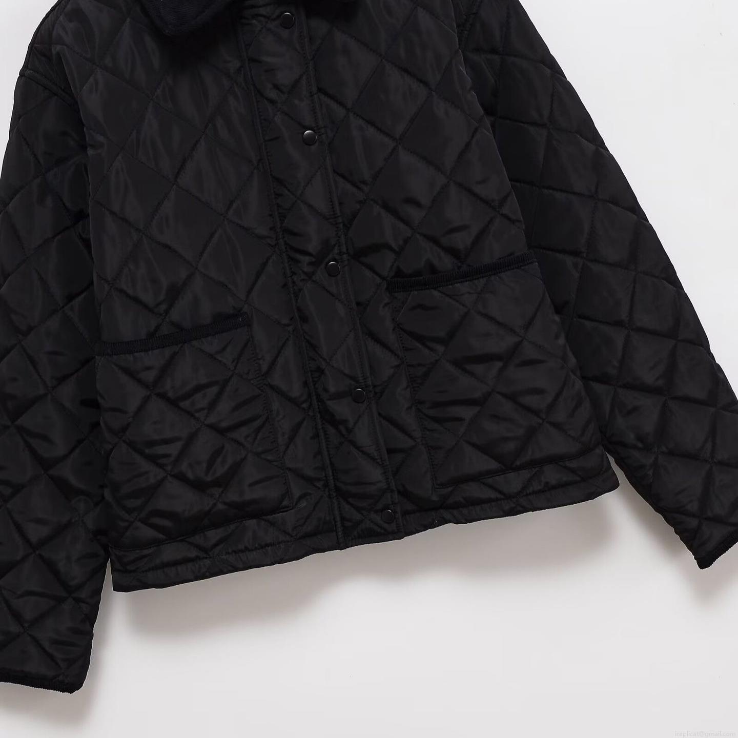 Women's Casual Quilted Cotton Padded Jacket With Corduroy Collar Black Rhombus Pattern Loose Fit Warm Button Down Coat Outerwear For Women