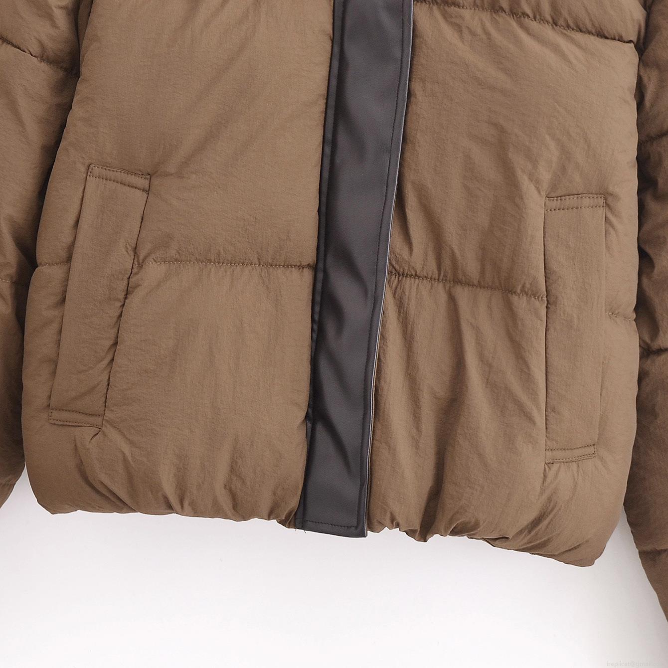 Women's Casual Warm Puffer Coat With PU Leather Lapel Collar Solid Color Long Sleeve Quilted Jacket For Winter Autumn Daily Wear