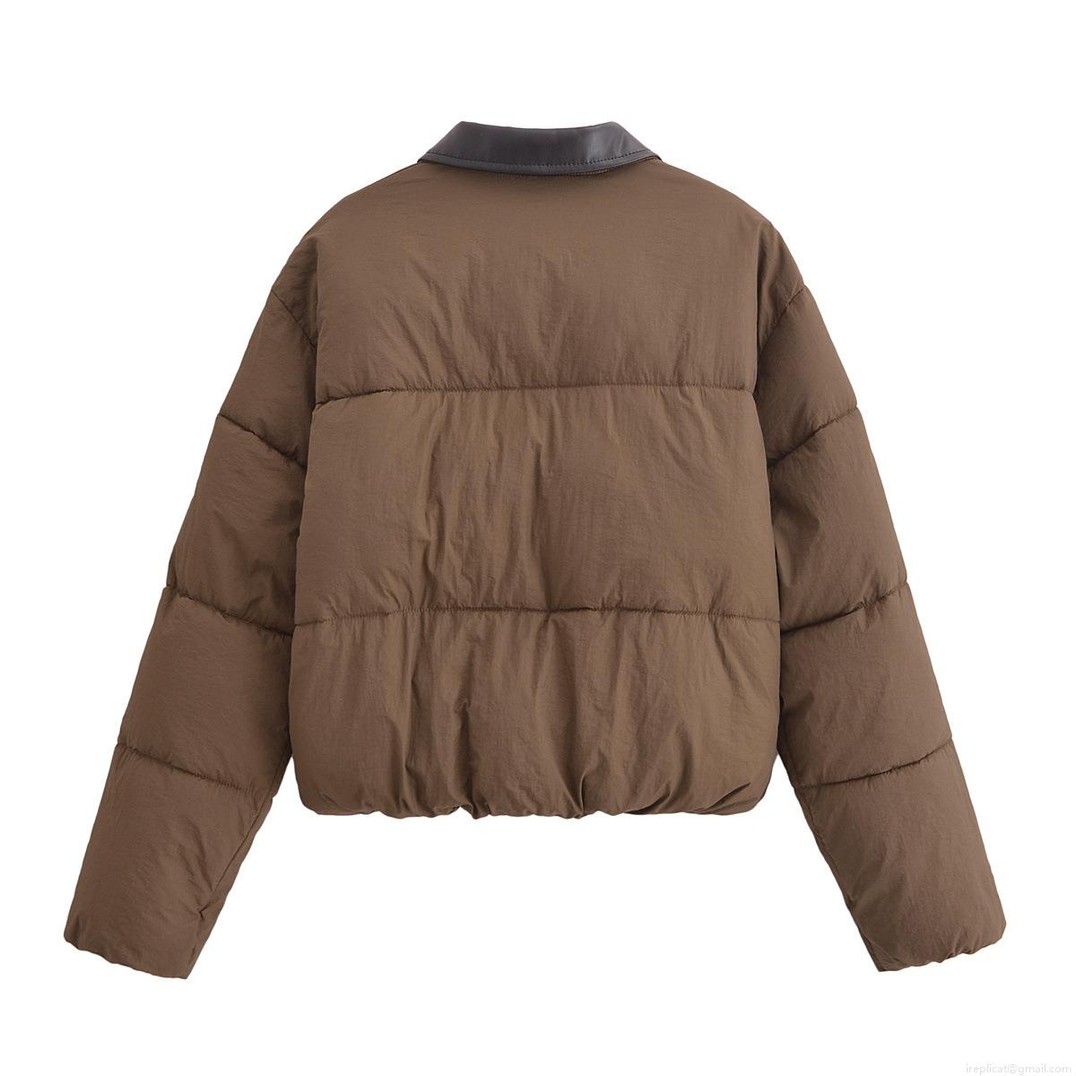 Women's Casual Warm Puffer Coat With PU Leather Lapel Collar Solid Color Long Sleeve Quilted Jacket For Winter Autumn Daily Wear