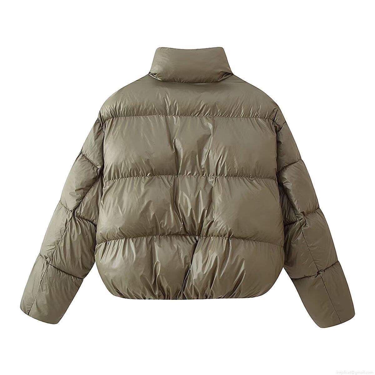 Women Fashion Short Puffer Jacket Solid Olive Green Cotton Padded Coat With Metal Buttons Stand Collar Retro Style Winter Warm Windproof Outerwear