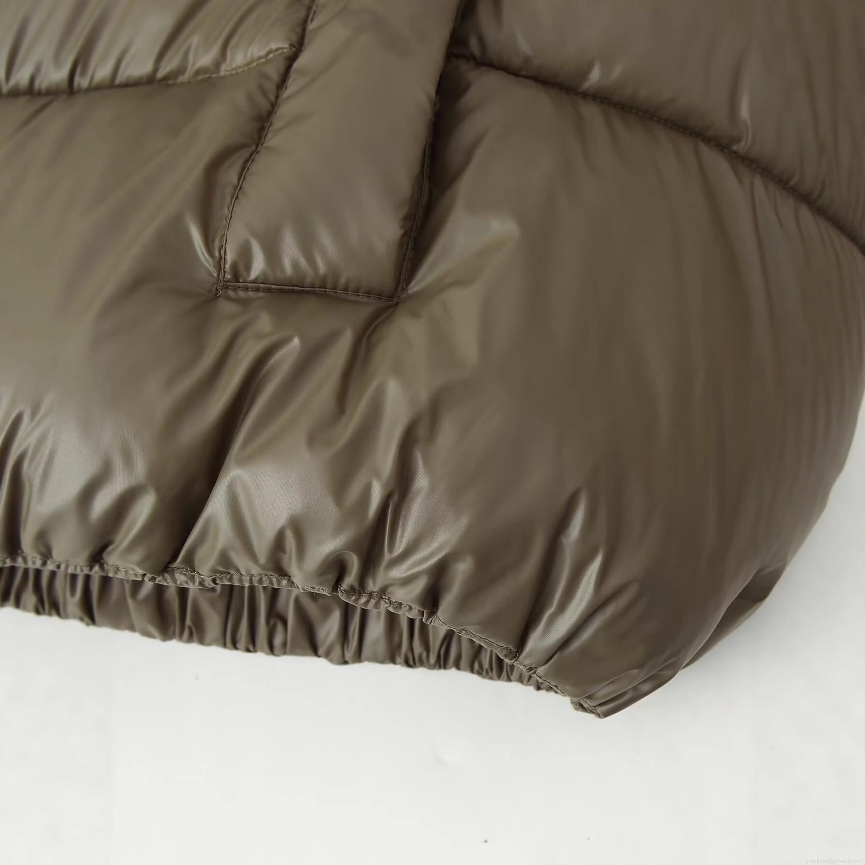 Women Fashion Short Puffer Jacket Solid Olive Green Cotton Padded Coat With Metal Buttons Stand Collar Retro Style Winter Warm Windproof Outerwear