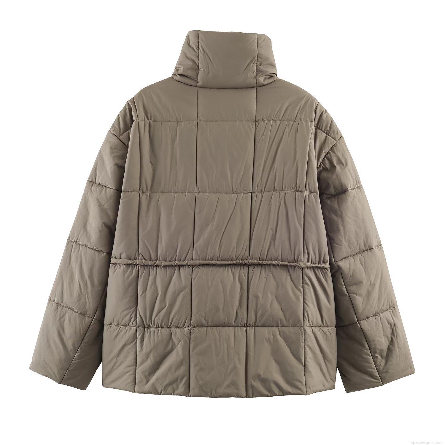Women's Casual Short Quilted Cotton Padded Jacket With Waist Belt Long Sleeve Stand Collar Solid Color Winter Outwear Coat For Lady