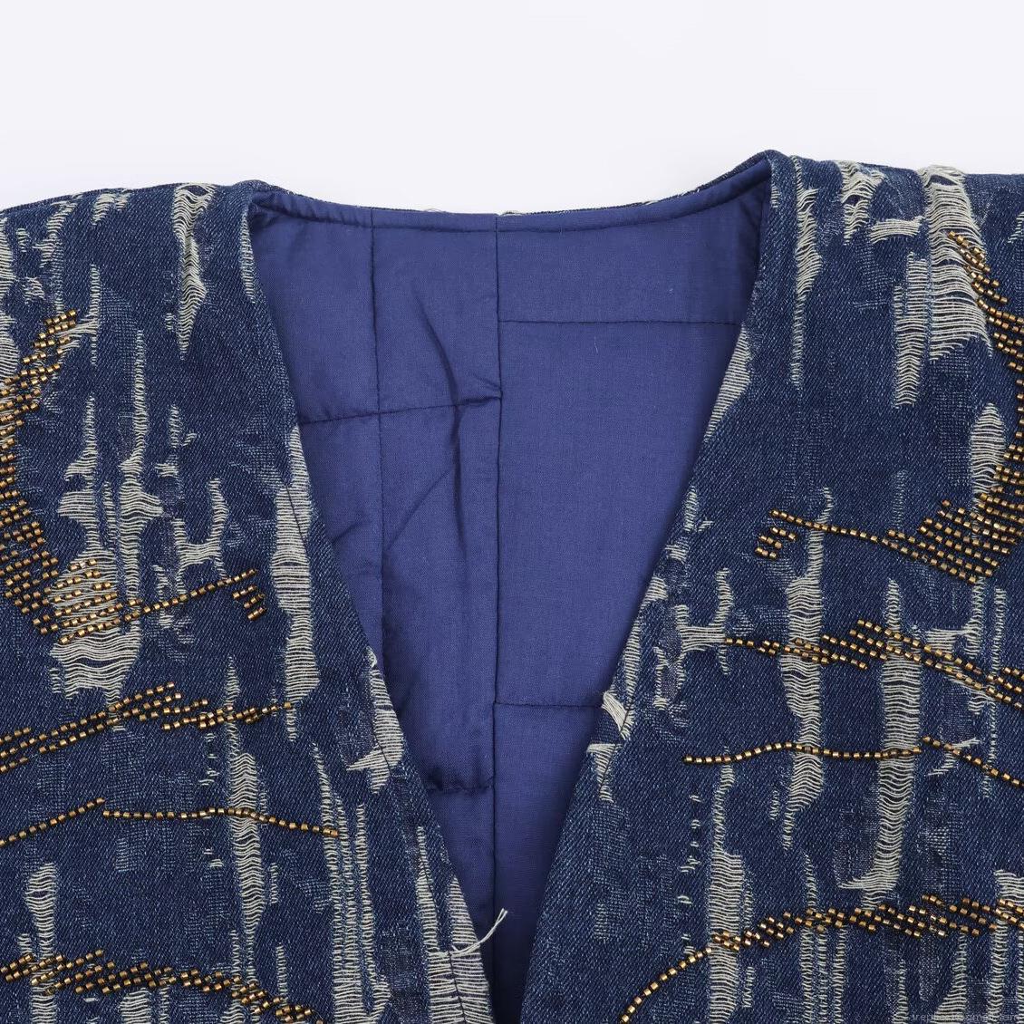 Women's Kimono Style Beaded Denim Effect Quilted Jacket Vintage Embroidered Open Front Cotton Padded Coat For Autumn Casual Loose Long Sleeve Outerwear