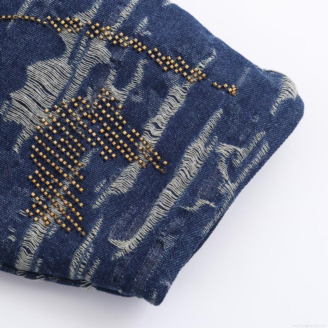 Women's Kimono Style Beaded Denim Effect Quilted Jacket Vintage Embroidered Open Front Cotton Padded Coat For Autumn Casual Loose Long Sleeve Outerwear