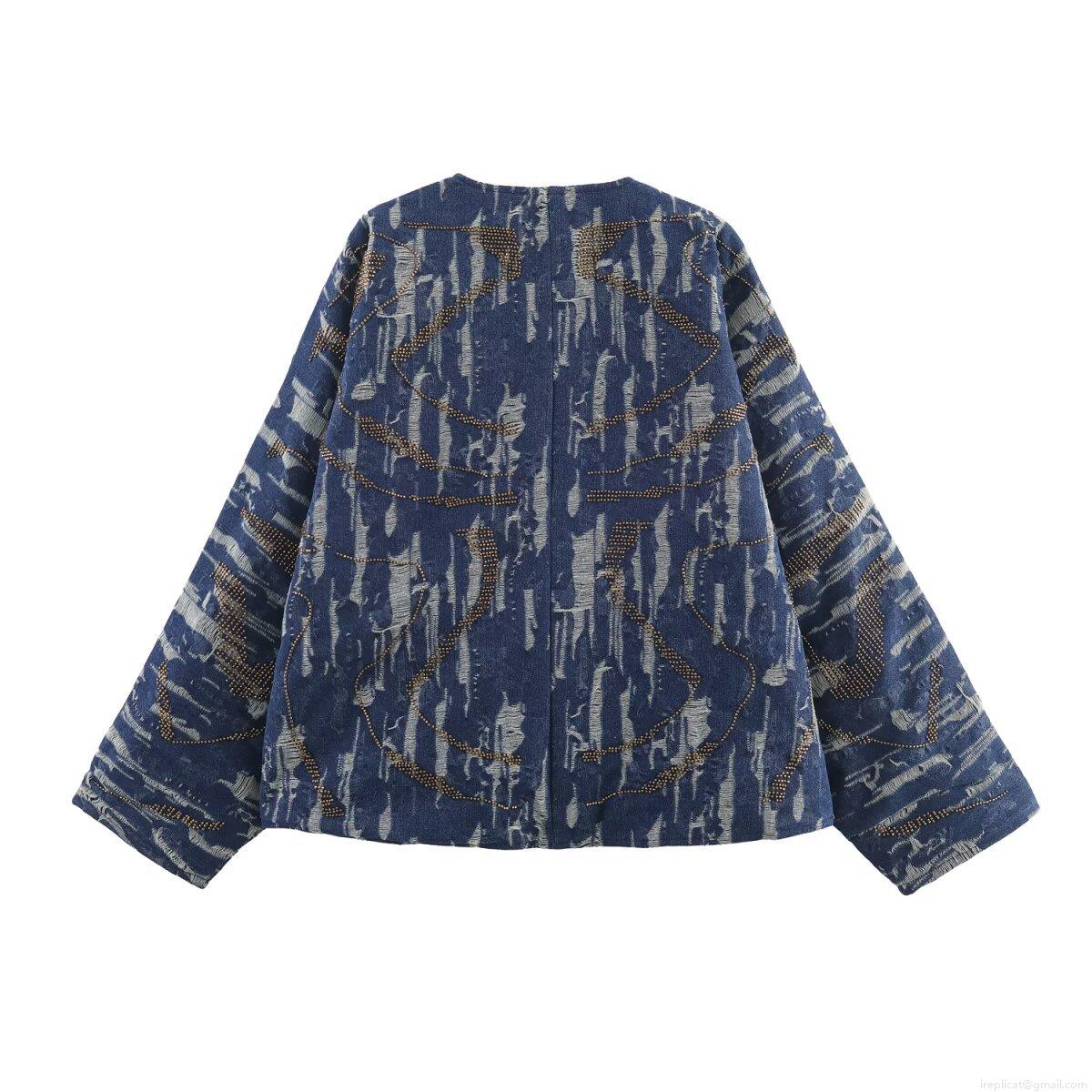 Women's Kimono Style Beaded Denim Effect Quilted Jacket Vintage Embroidered Open Front Cotton Padded Coat For Autumn Casual Loose Long Sleeve Outerwear