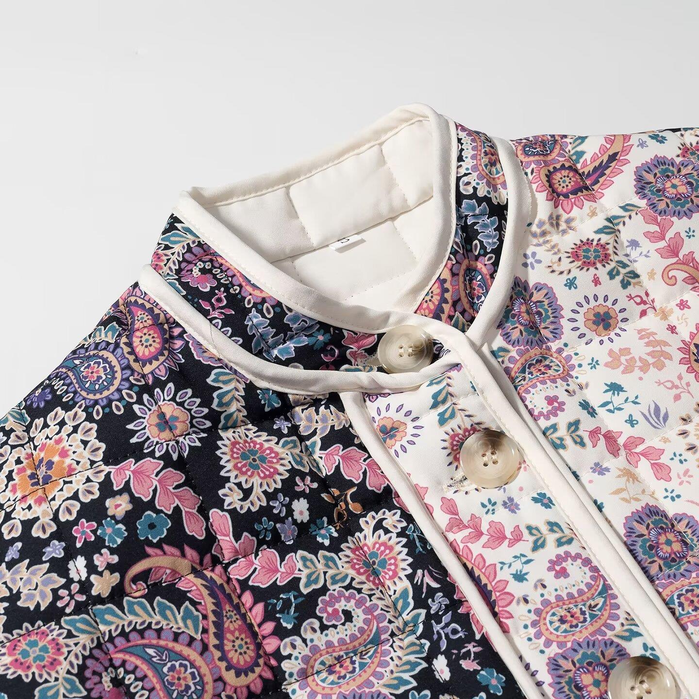 Women's Quilted Cotton Padded Jacket Polyester Spandex Patchwork Paisley Floral Print Stand Collar Single Breasted Warm Winter Coat Casual Outdoor Outerwear For Ladies