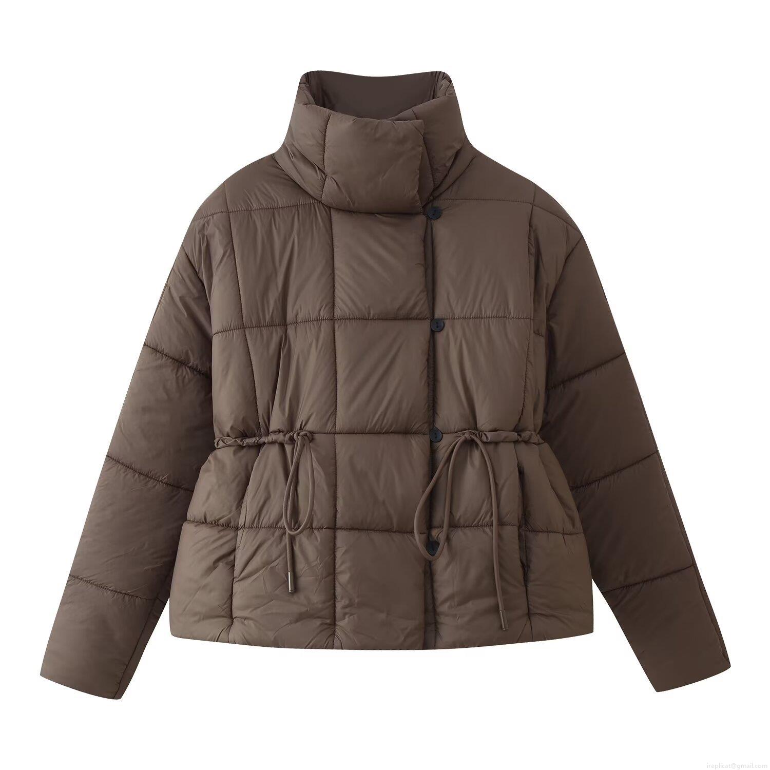 Women's Fashion Short Quilted Cotton Padded Jacket Retro Stand Collar Drawstring Waist Warm Puffer Coat Thick Winter Outerwear Casual Solid Color Top