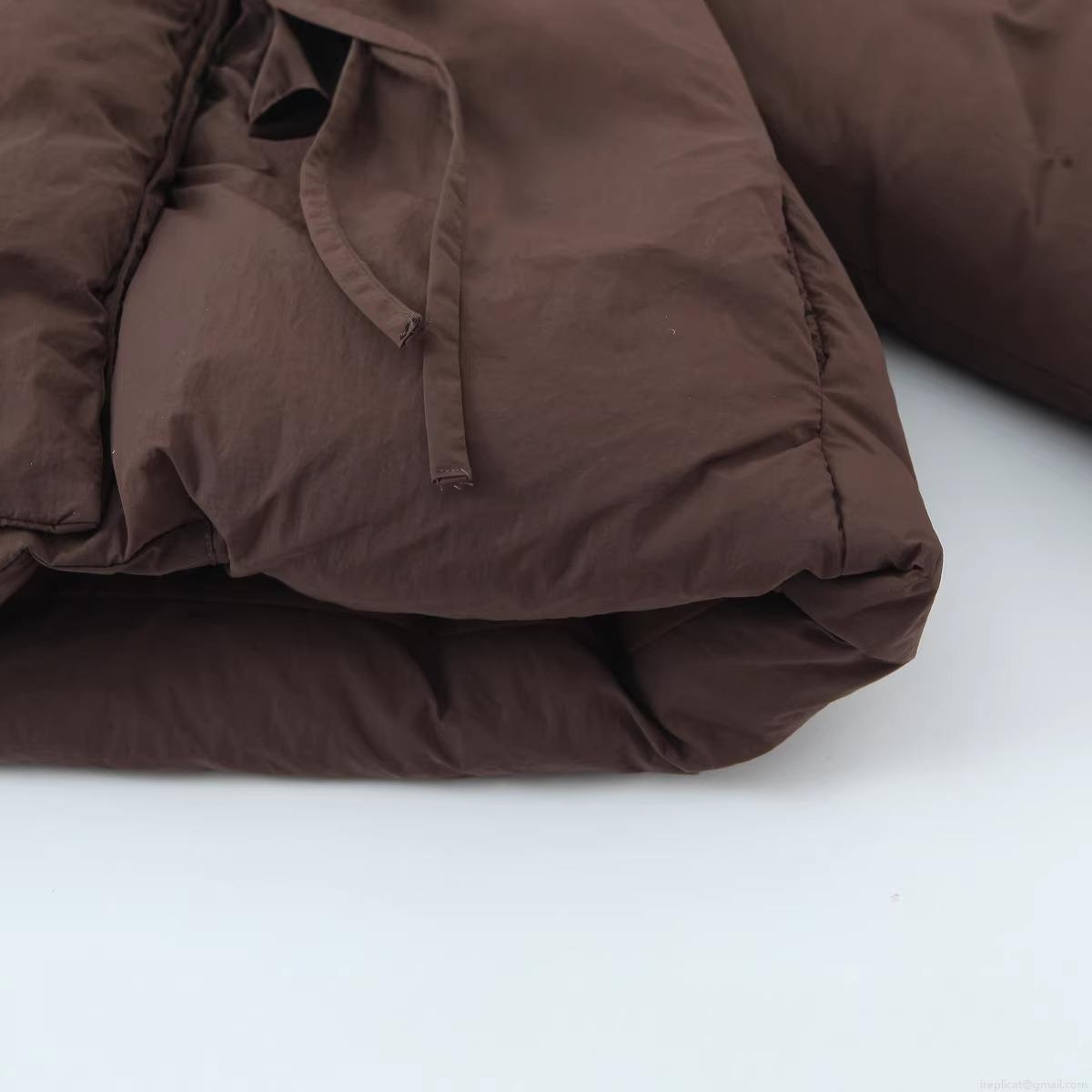 Women's Short Puffer Jacket Thick Polyester Quilted Coat With Stand Collar Side Bow Ties Loose Casual Winter Outerwear For Women