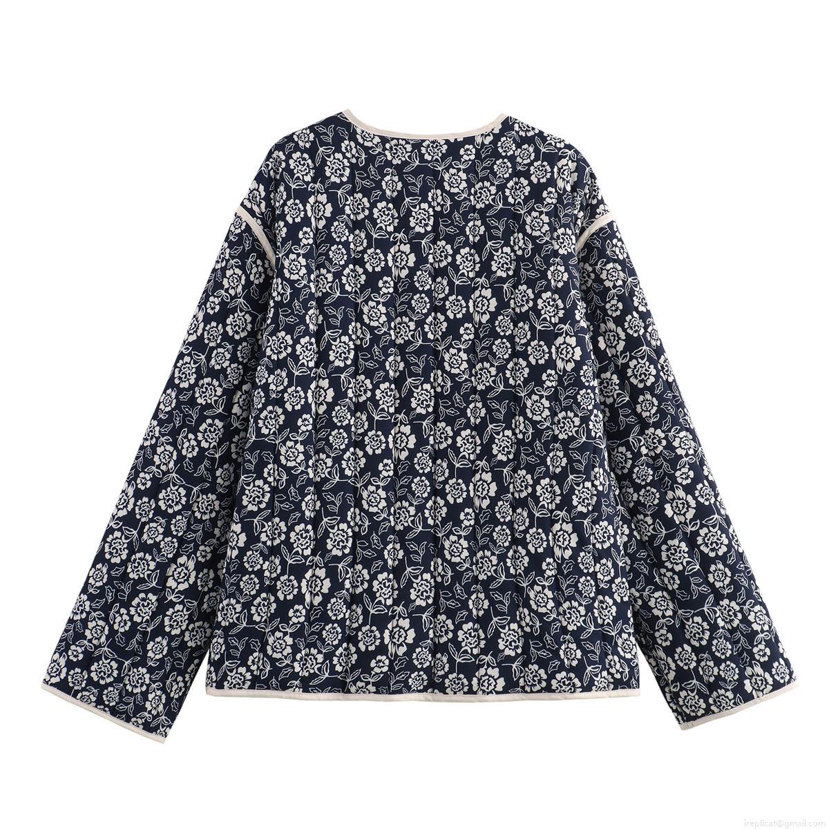Women's Vintage Floral Quilted Padded Jacket Ethnic V-Neck Single-Breasted Cotton Blend Loose Warm Outwear For Autumn Winter