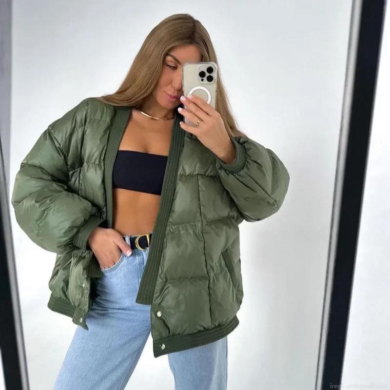Women's Winter Short Puffer Jacket Loose Quilted Cotton Padded Coat With Pockets Stand Collar Warm Outerwear For Casual Daily Wear Olive Green