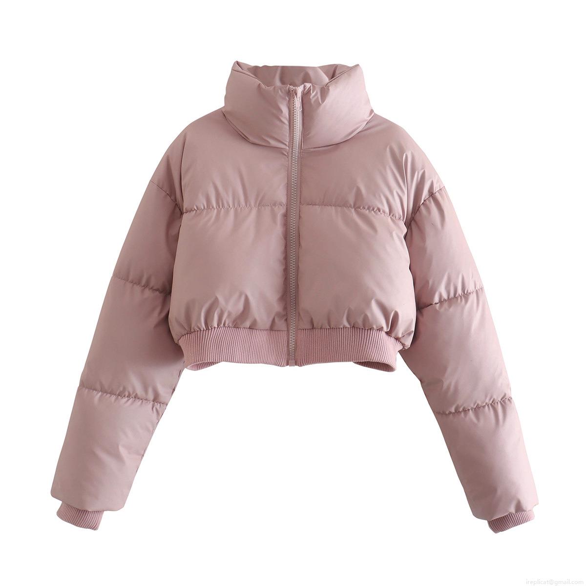Women Fashion Short Puffer Jacket Stand Collar Long Sleeve Quilted Padded Coat Warm Zip Up Winter Outerwear Casual Pink Bubble Jacket