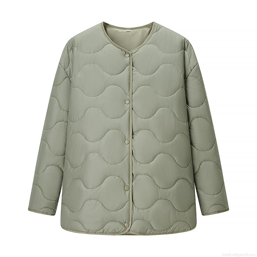 Women's Lightweight Quilted Padded Jacket Round Neck Long Sleeve Retro Casual Solid Color Mid-length Polyester Outerwear Coat For Autumn Winter