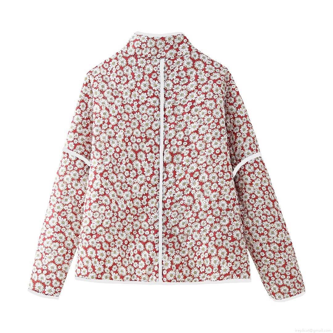 Women's Daisy Print Quilted Cotton Jacket Retro Floral Stand Collar Padded Outerwear Button Down Lightweight Warm Coat for Autumn Winter