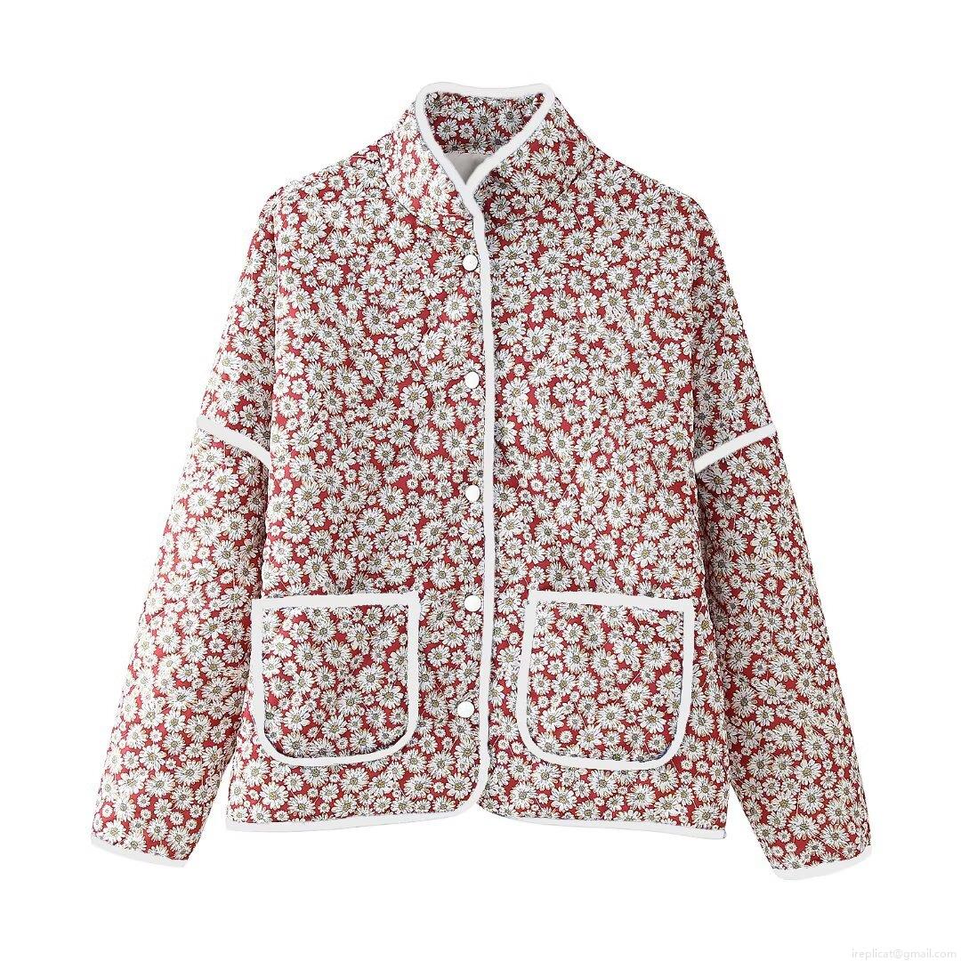Women's Daisy Print Quilted Cotton Jacket Retro Floral Stand Collar Padded Outerwear Button Down Lightweight Warm Coat for Autumn Winter