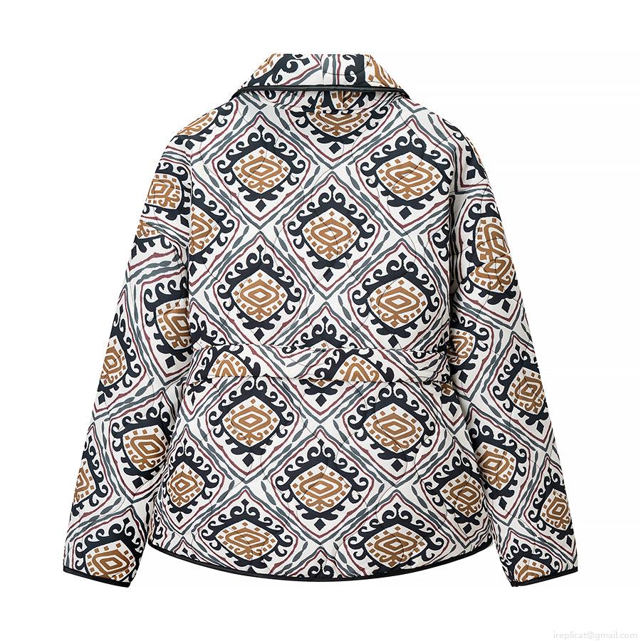 Women's Vintage Ethnic Geometric Print Quilted Jacket V-Neck Lace-Up Padded Coat Bohemian Long Sleeve Lightweight Cotton Blend Outwear