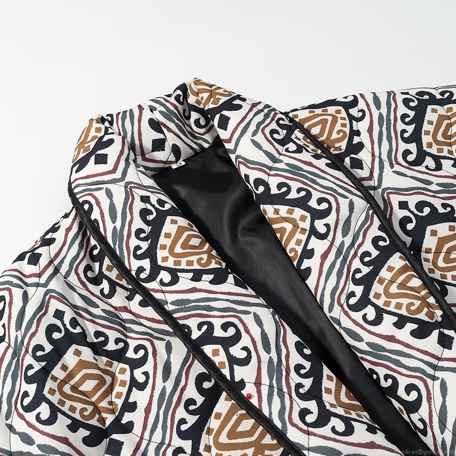 Women's Vintage Ethnic Geometric Print Quilted Jacket V-Neck Lace-Up Padded Coat Bohemian Long Sleeve Lightweight Cotton Blend Outwear