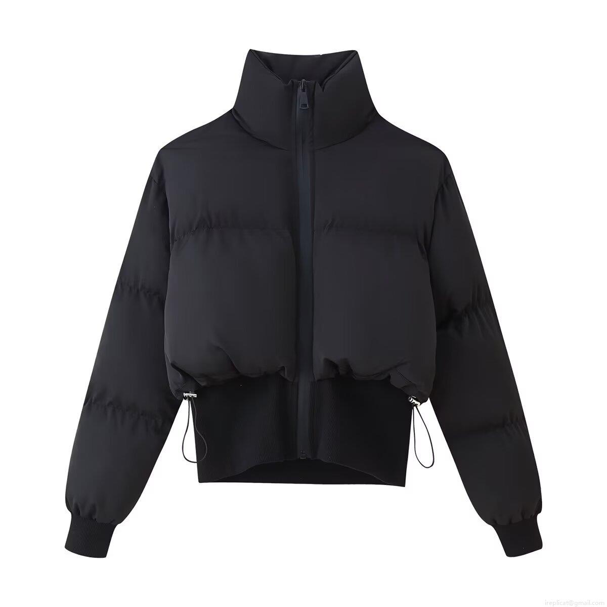 Women's Casual Short Puffer Jacket Cotton Blend Stand Collar Zipper Quilted Coat For Winter Autumn Solid Black Warm Outerwear
