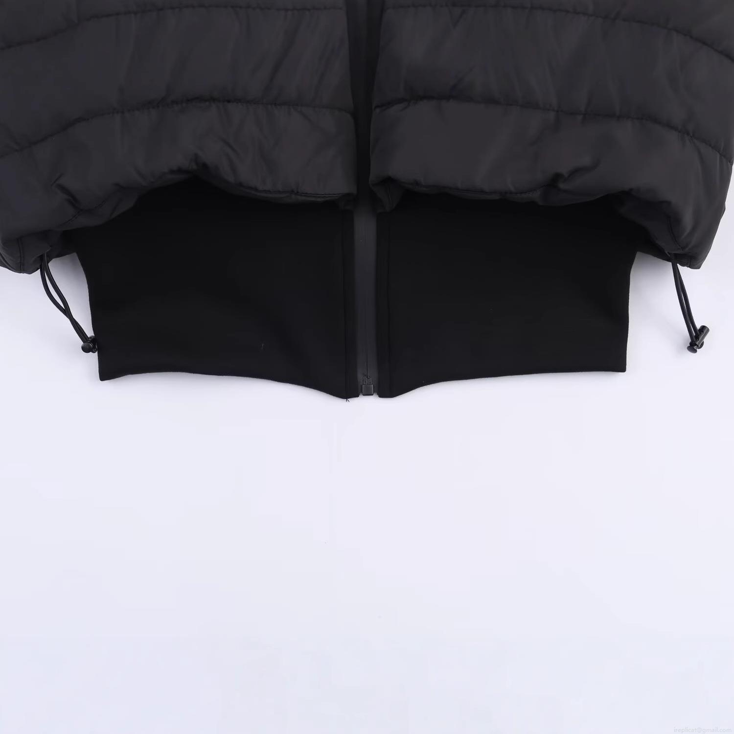 Women's Solid Black Cropped Puffer Jacket Stand Collar Quilted Cotton Padded Coat With Drawstring Hem Zipper Closure Winter Warm Outerwear For Women