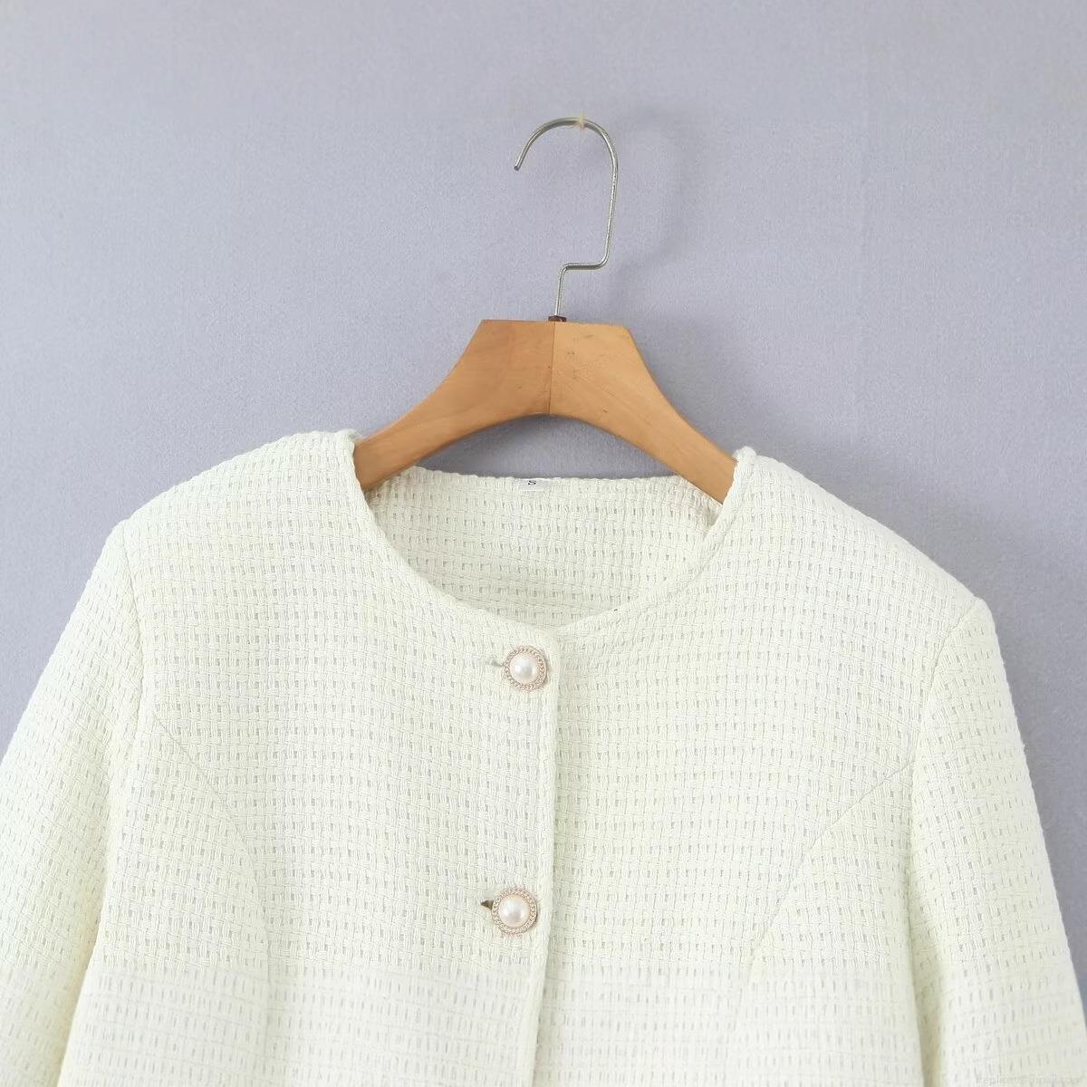 Women's Elegant Tweed Padded Jacket Vintage Round Neck Single Breasted Coat With Pearl Buttons Warm Woven Outerwear For Daily Date Lady