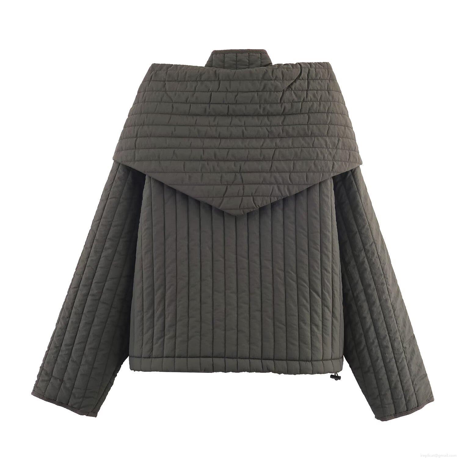 Women's Vintage Quilted Padded Jacket With Detachable Scarf Tie Collar Snap Button Long Sleeve Polyester Cotton Blend Winter Coat For Women
