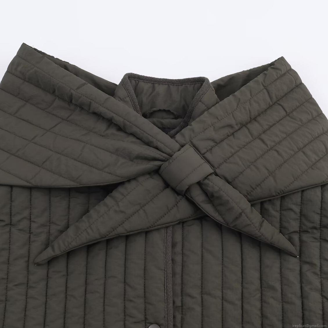 Women's Vintage Quilted Padded Jacket With Detachable Scarf Tie Collar Snap Button Long Sleeve Polyester Cotton Blend Winter Coat For Women