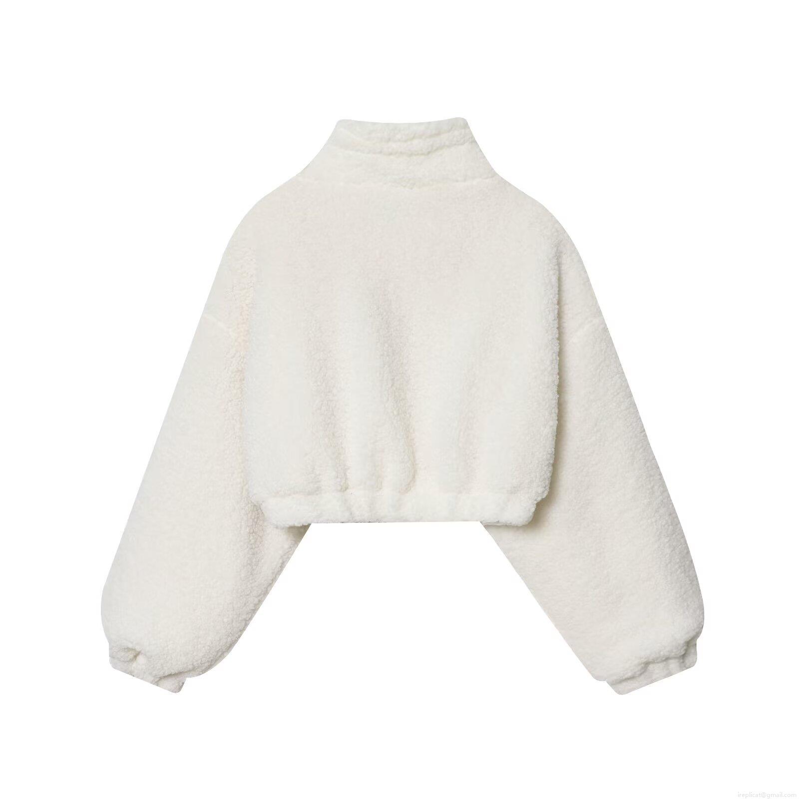 Women's Short Faux Lamb Wool Fleece Jacket Stand Collar Zipper Padded Outwear With Drawstring Casual Solid Color Warm Coat For Autumn Winter