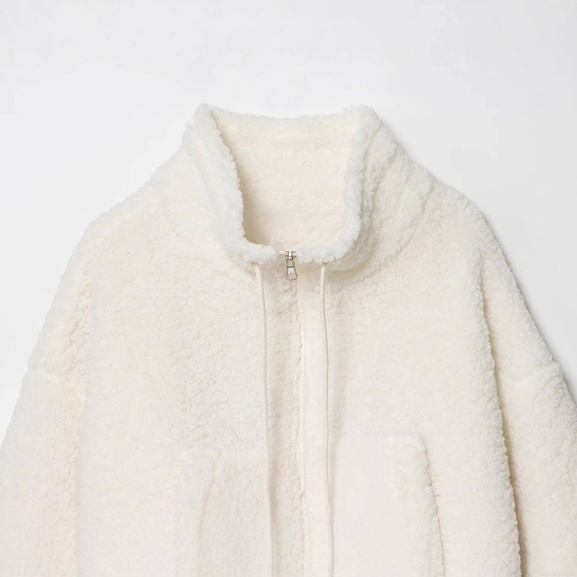 Women's Short Faux Lamb Wool Fleece Jacket Stand Collar Zipper Padded Outwear With Drawstring Casual Solid Color Warm Coat For Autumn Winter