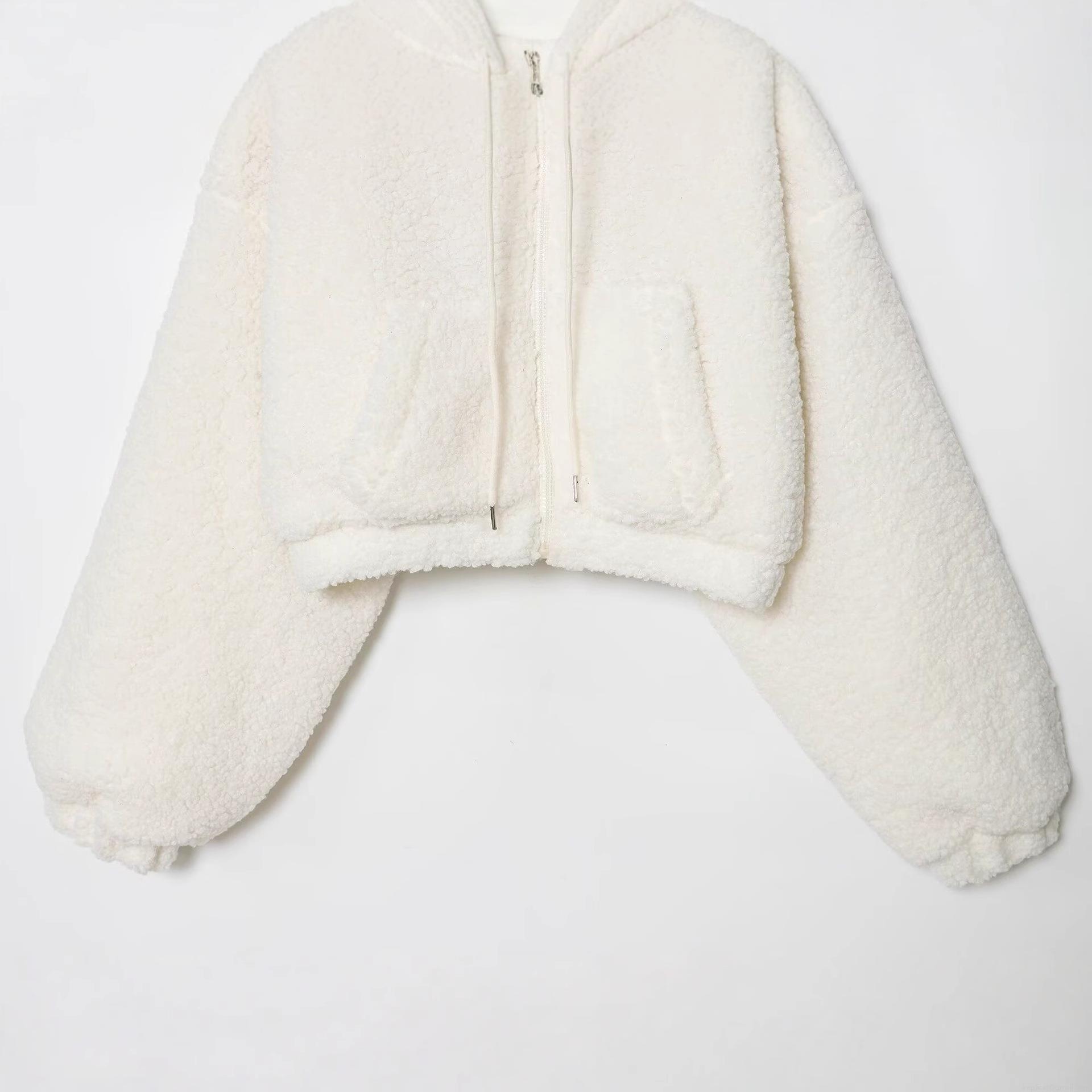 Women's Short Faux Lamb Wool Fleece Jacket Stand Collar Zipper Padded Outwear With Drawstring Casual Solid Color Warm Coat For Autumn Winter