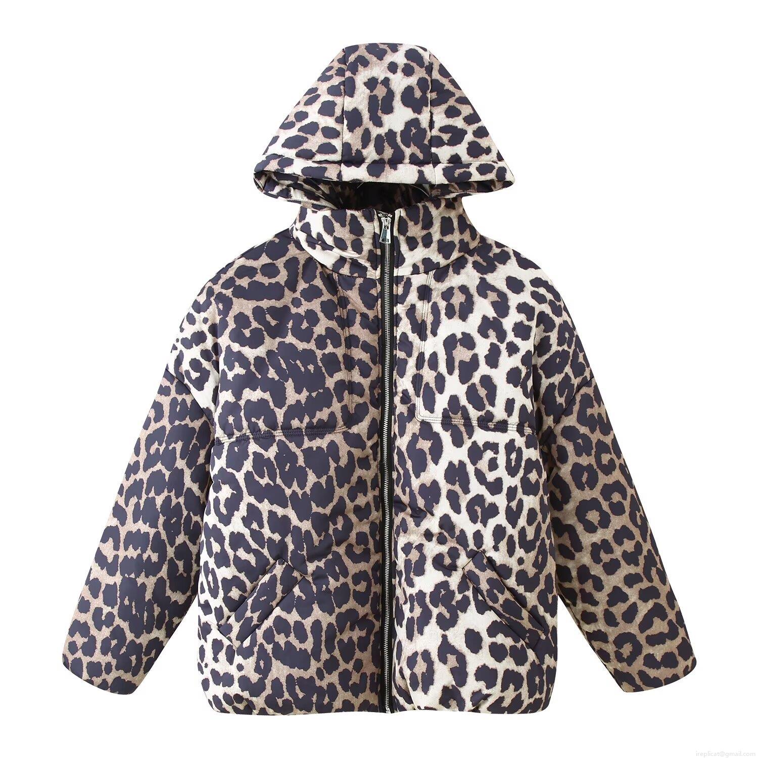 Women's Leopard Print Hooded Puffer Jacket Thickened Warm Cotton Padded Winter Coat Short Outerwear Fashion Streetwear Ladies