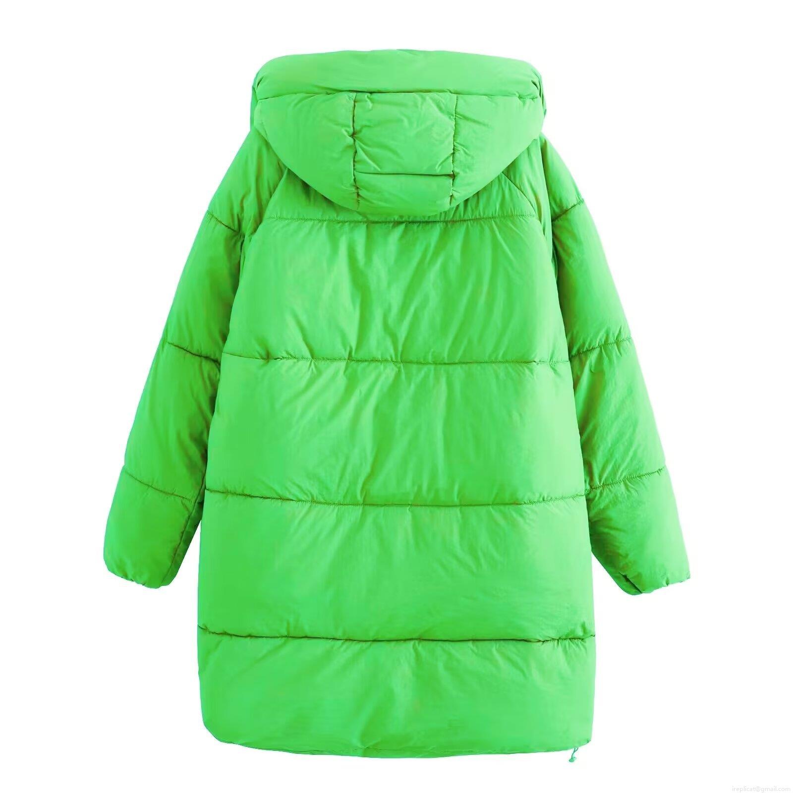 Women's Bright Green Puffer Cotton Padded Jacket With Hood Long Sleeve Quilted Mid-length Coat For Winter Outdoor Casual Ethnic Style Warm Windproof Outwear