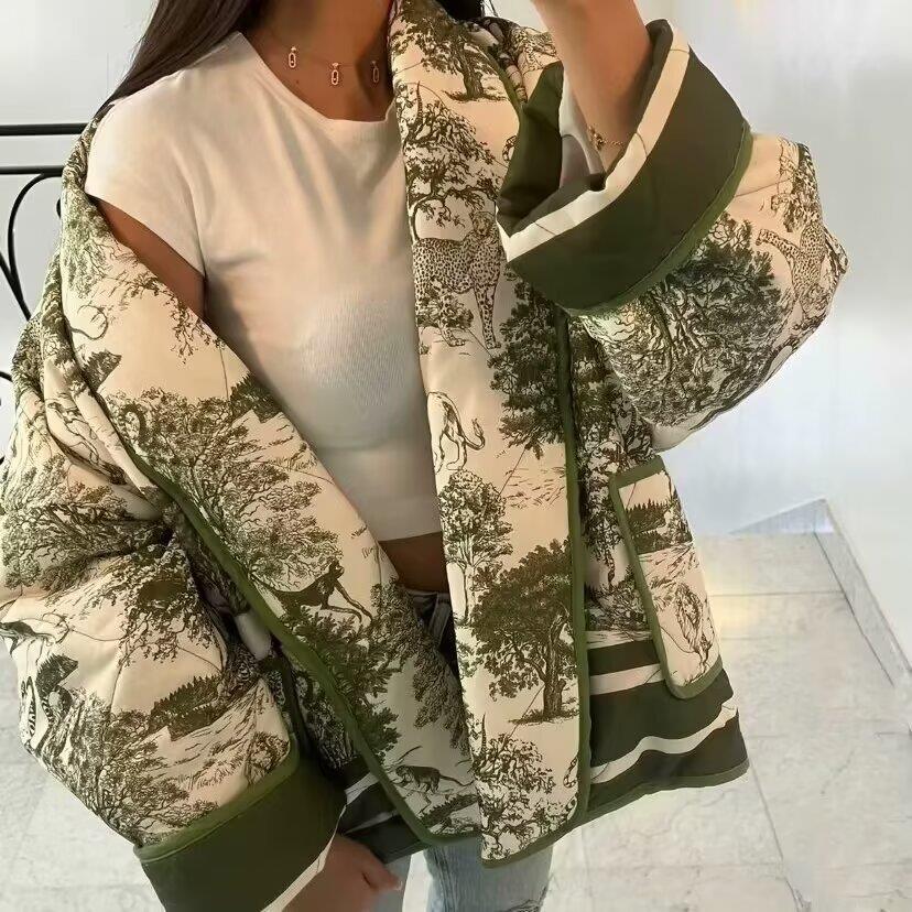 Women's Retro Toile de Jouy Print Quilted Jacket French Vintage Padded Coat Lapel Loose Long Sleeve Outerwear For Autumn Winter