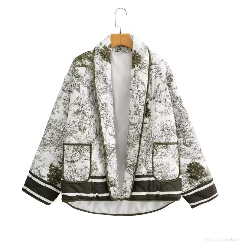 Women's Retro Toile de Jouy Print Quilted Jacket French Vintage Padded Coat Lapel Loose Long Sleeve Outerwear For Autumn Winter