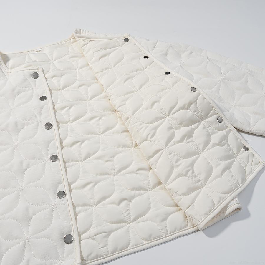 Women Round Neck Quilted Jacket Floral Geometric Pattern Lightweight Padded Coat With Metal Snap Buttons Long Sleeve 100% Polyester Outerwear For Autumn Winter