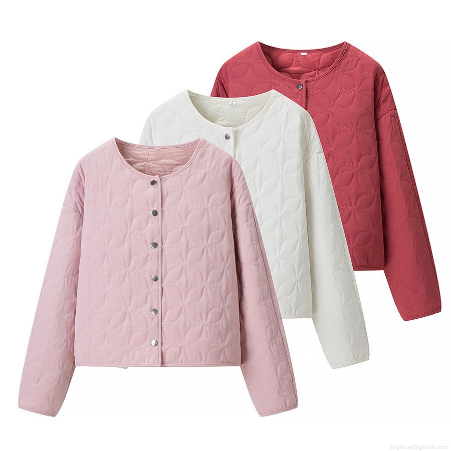 Women Round Neck Quilted Jacket Floral Geometric Pattern Lightweight Padded Coat With Metal Snap Buttons Long Sleeve 100% Polyester Outerwear For Autumn Winter