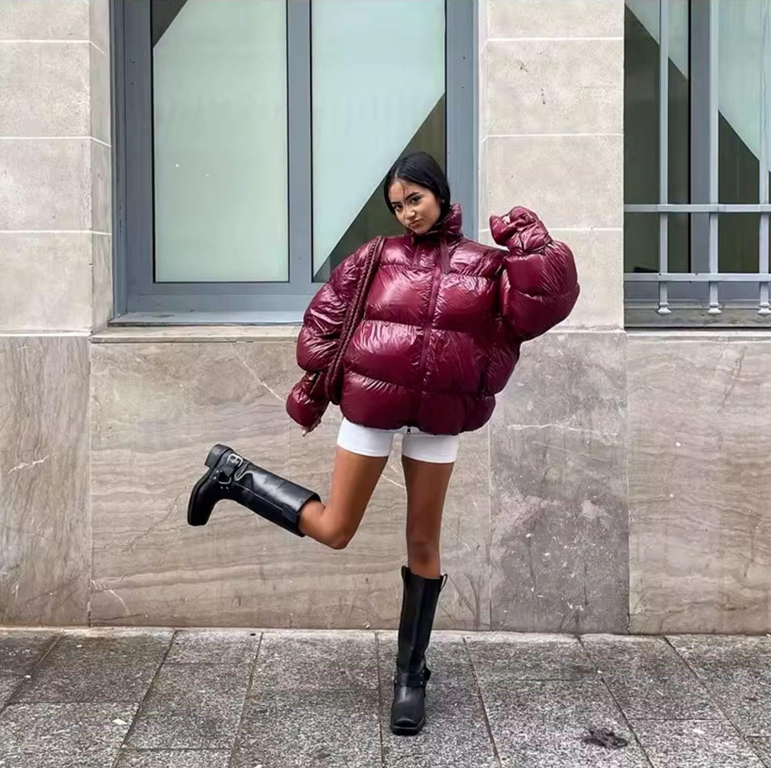 Women's Glossy Puffer Jacket Short Warm Cotton Padded Stand Collar Bread Coat Solid Color Streetwear Outerwear For Autumn Winter