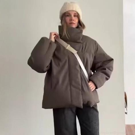Women's Fashion Casual Solid Color Puffer Jacket Stand Collar Loose Cotton-Padded Coat Warm Winter Outerwear for Women Long Sleeve Bread Jacket