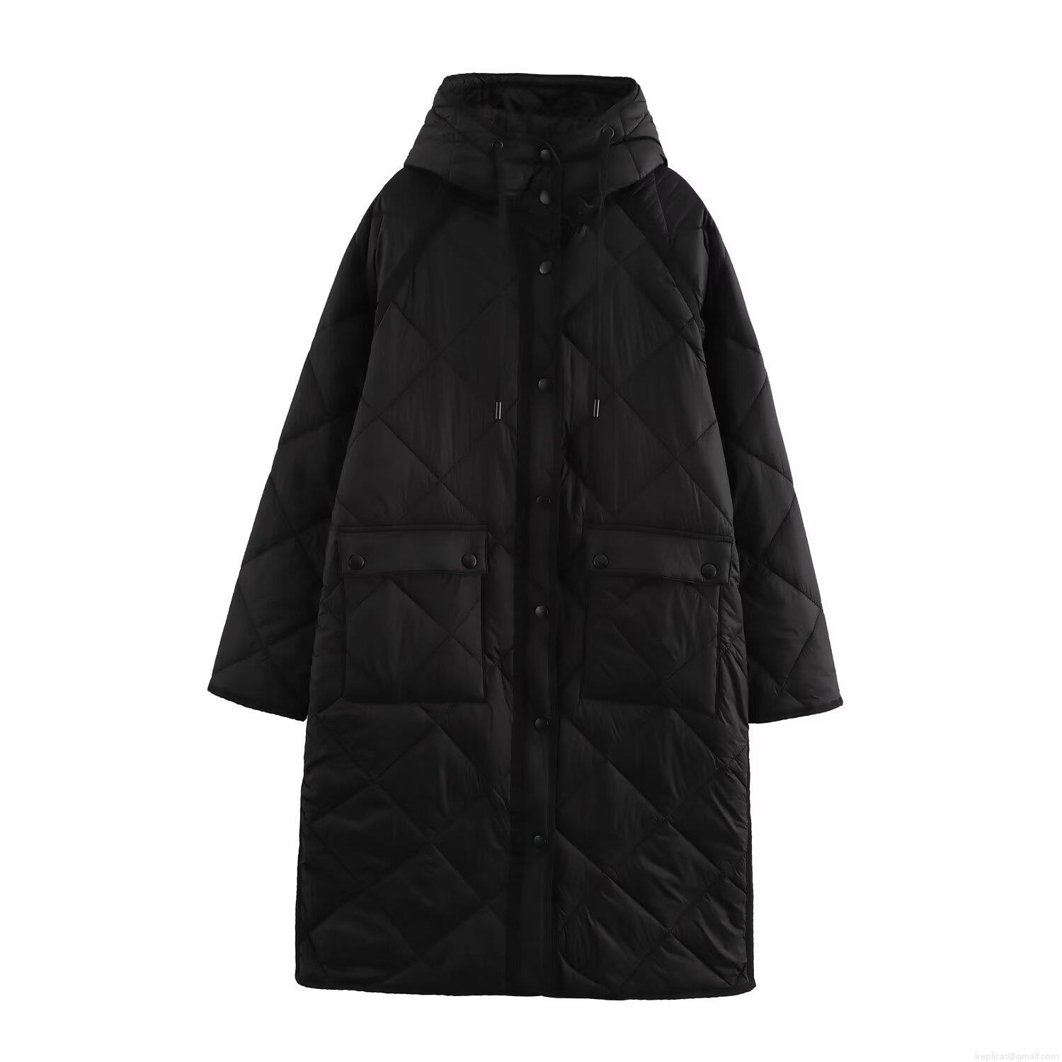 Women's Hooded Long Sleeved Diamond Lattice Quilted Long Cotton Jacket Winter Warm Windproof Puffer Coat For Daily Casual Street Style Outerwear