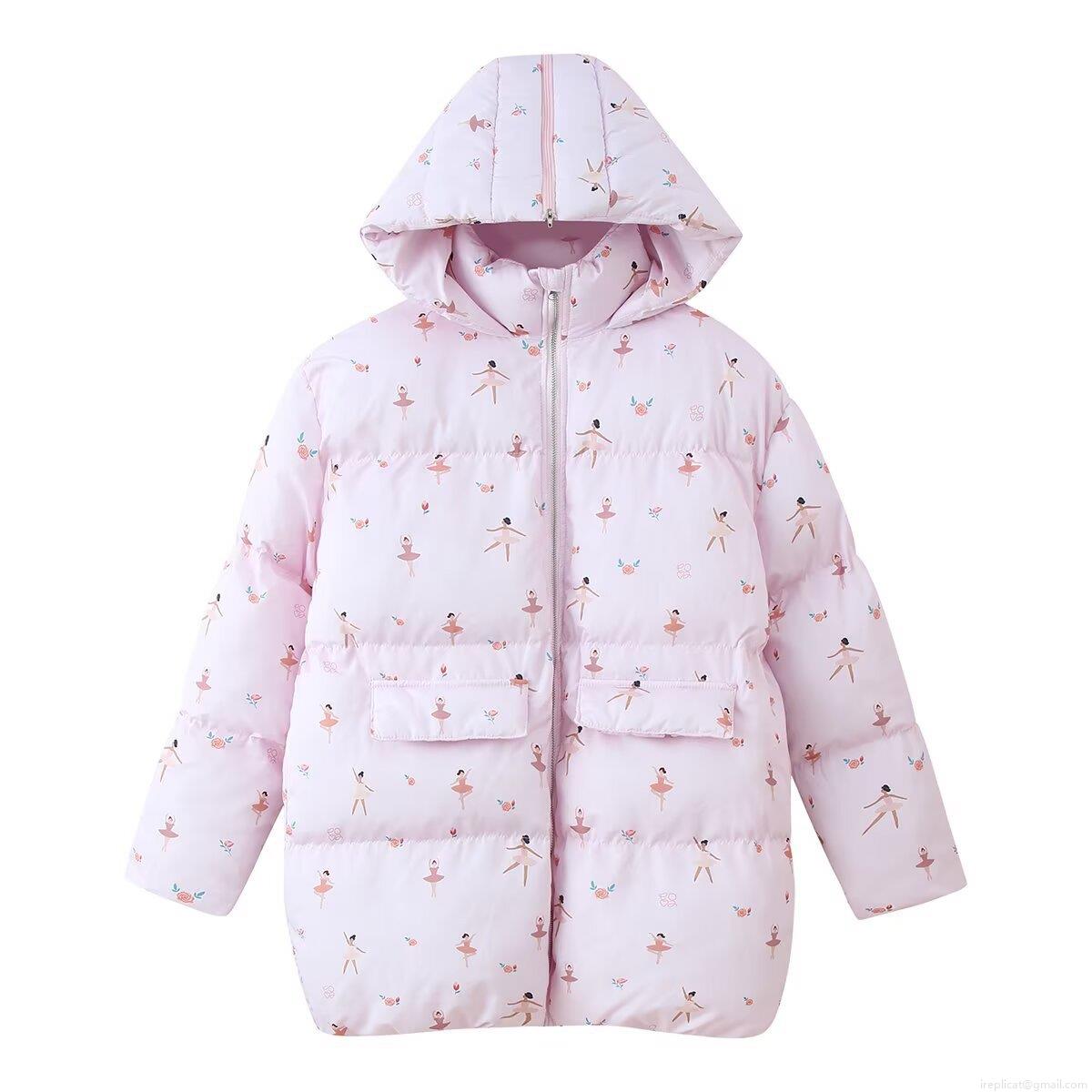 Women's Oversized Floral Printed Hooded Padded Jacket Long Sleeve Strawberry Ballet Print Casual Windproof Polyester Cotton Coat with Pockets